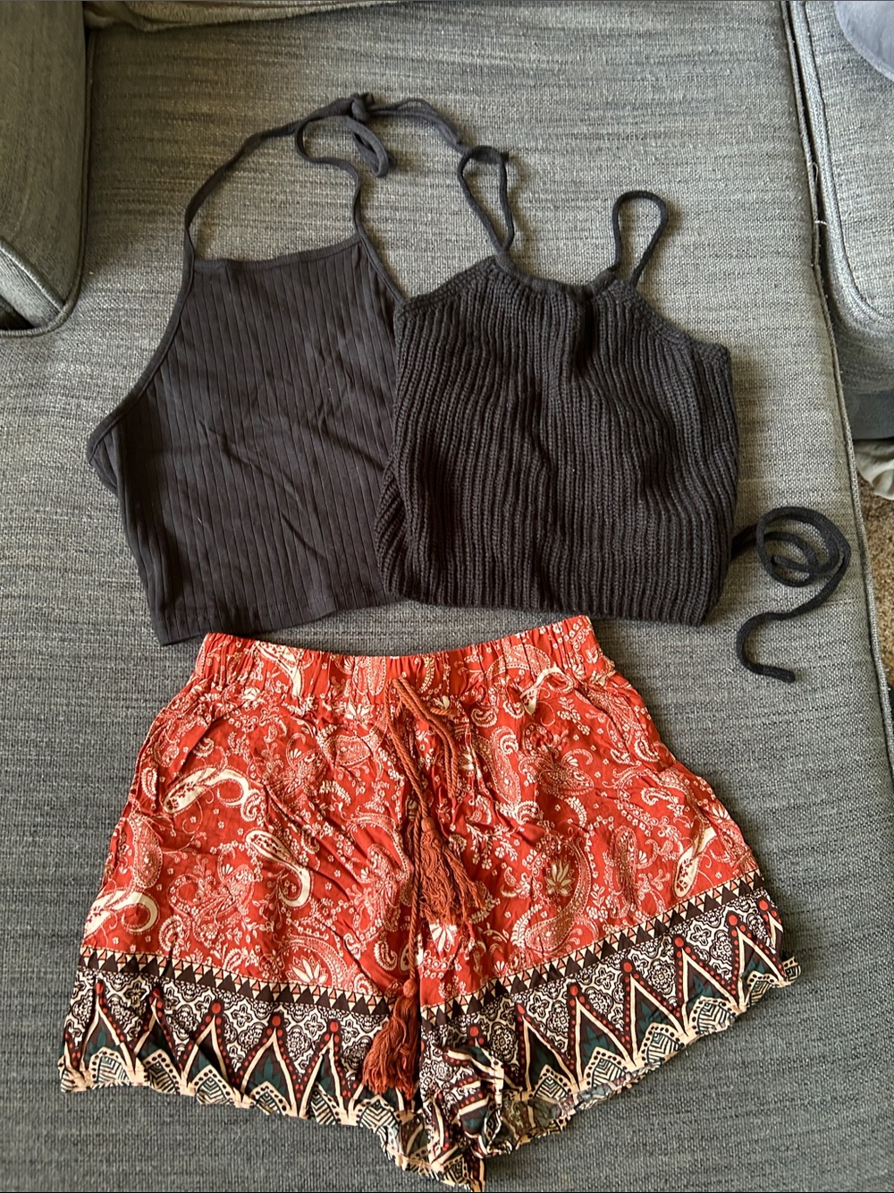 2 SHEIN Black knit Halters in XS & S and Cute Print Shorts in XS